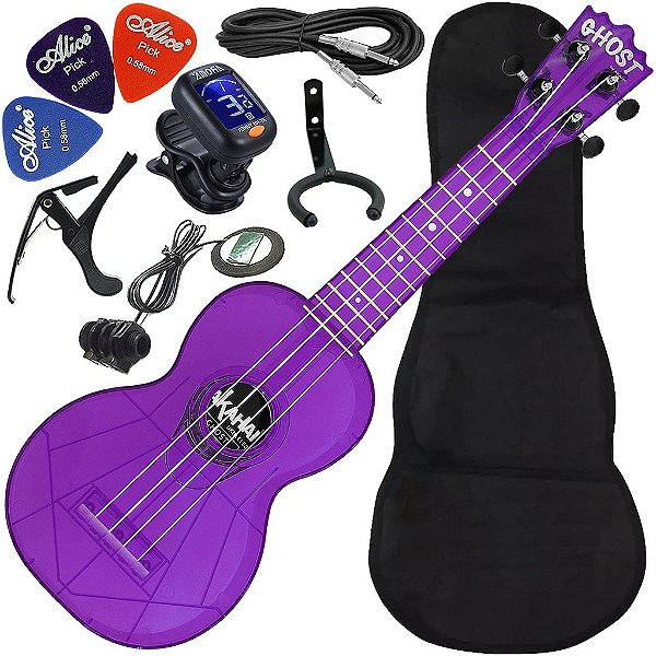 Kit Ukulele Akahai Ghost Soprano Elétrico Hawaii Black Berry Transparente Ux02