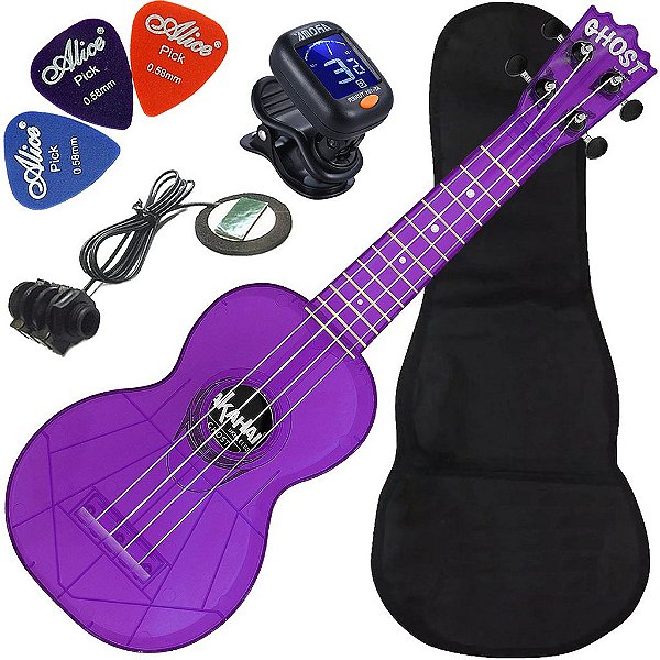 Kit Ukulele Akahai Ghost Soprano Elétrico Hawaii Black Berry Transparente Ux04