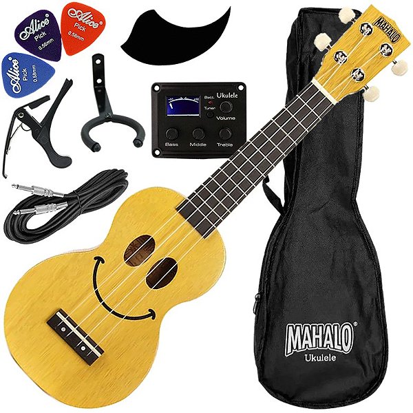 Kit Ukulele Soprano Elétrico Ativo Mahalo Série U-Smile EQ Amarelo C/ Capa Ux03