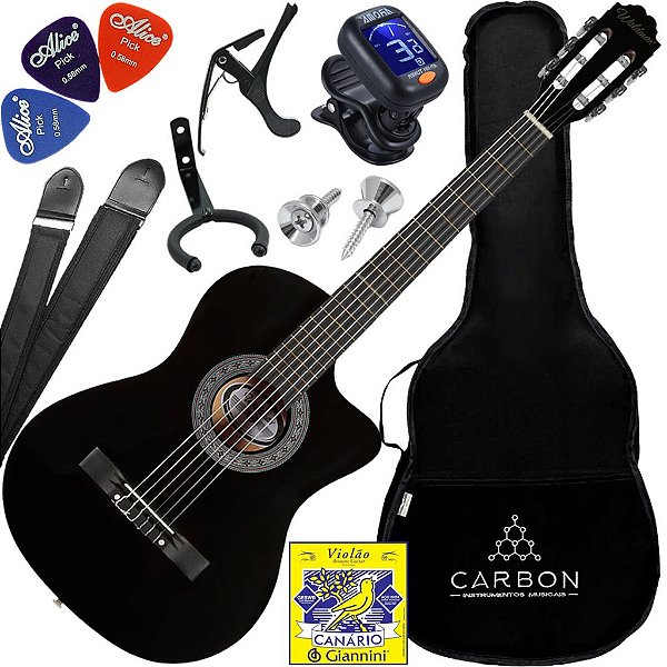 Kit Violão Elétrico Nylon Waldman PPCE-1 BK Preto Vx05