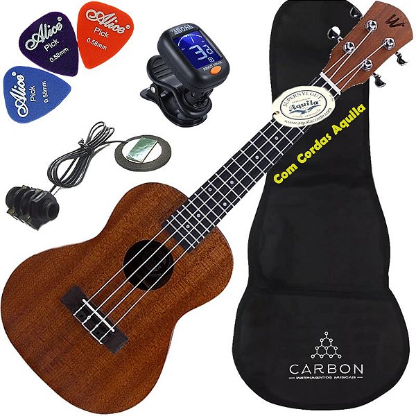 Kit Ukulele Concert Elétrico Cordas Aquila Sapele Natural
