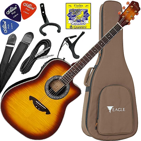 Kit Violão Elétrico Folk Eagle CH306 Aço Yellow Burst Cutway Vx02