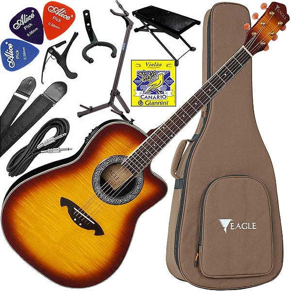 Kit Violão Elétrico Folk Eagle CH306 Aço Yellow Burst Cutway Vx03