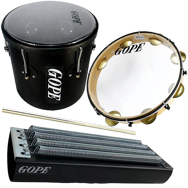 Kit Percussão Gope Preto Pandeiro Repique Reco Reco