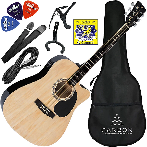 Kit Violão Eletroacústico Vogga Vck370 Nt Aço Folk Cutway