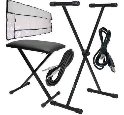 Kit Suporte Para Teclado Em X + Banqueta + Cobertura + Cabos