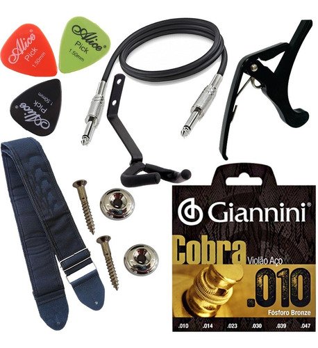 Kit Acessórios Para Violão C/ Correia Suporte Cabo Cordas
