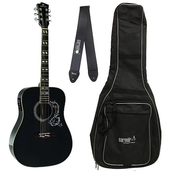Violão Michael VM925 DT Preto Elétrico Folk + Capa + Correia