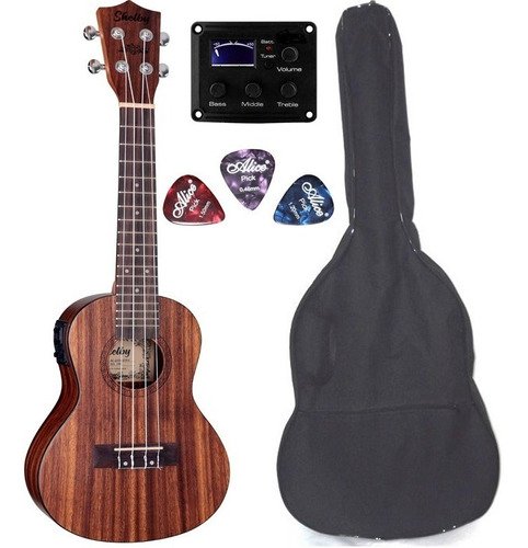 Ukulele Elétrico C/afinador Shelby Su23te Teakwood Capa,palh