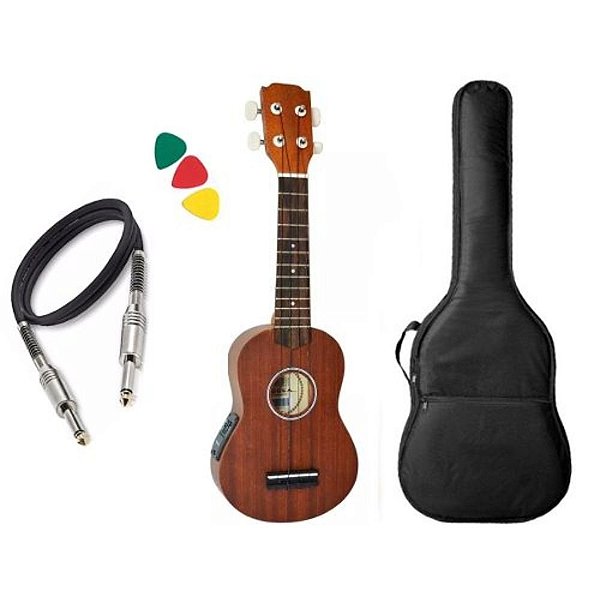 Ukulele Soprano Elétrico Vogga Vuk309 Mahogany Capa Afinador Profissional