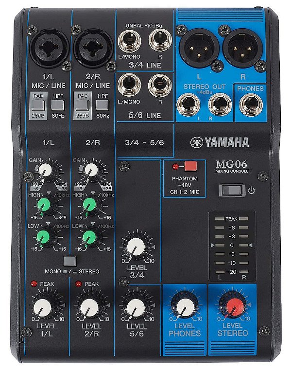 Mesa de Som Yamaha MG06 6 Canais Analógica Interface de Áudio