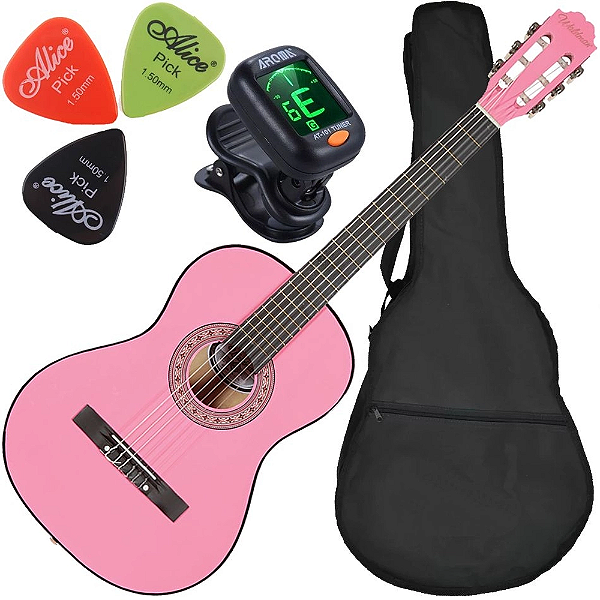 Kit Violão Acústico Waldman Popstar Pp1 Rosa Cordas Nylon