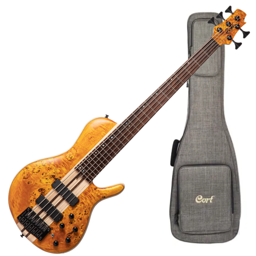 Contrabaixo 5 Cordas Ativo Cort A5 Plus SC AOP com Captadores Bartolini Tampo em Poplar Burl e Case