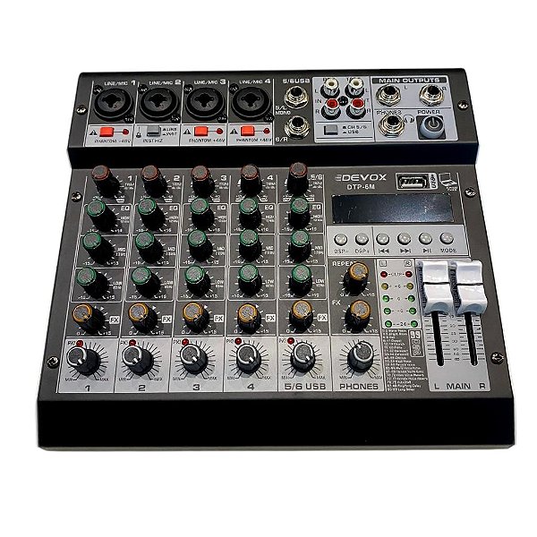 Mixer DTP-6M Devox Mesa de Som 6 Canais USB Bluetooth Phantom Power 48V