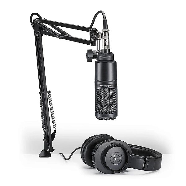 Microfone Audio-Technica AT2020USB+PK Cardióide USB para Podcasting e Streaming - Kit com Headphone ATH-M20x e Braço