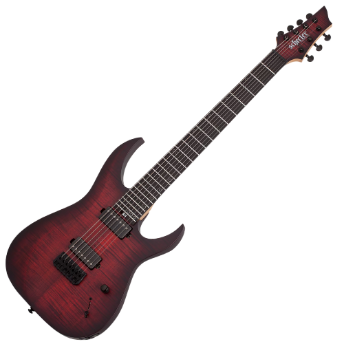 Guitarra Schecter Sunset-7 Extreme Scarlet Burst 7 Cordas com Captadores Schecter USA Pasadena e Sunset Strip HH e Ponte Hipshot Hardtail