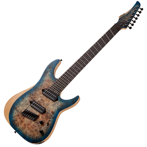 Guitarra Schecter Reaper-7 Multiscale SSKYB Satin Sky Burst 7 Cordas com Captadores Schecter USA SuperCharger Mach-6 HH e Ponte Hipshot Hardtail