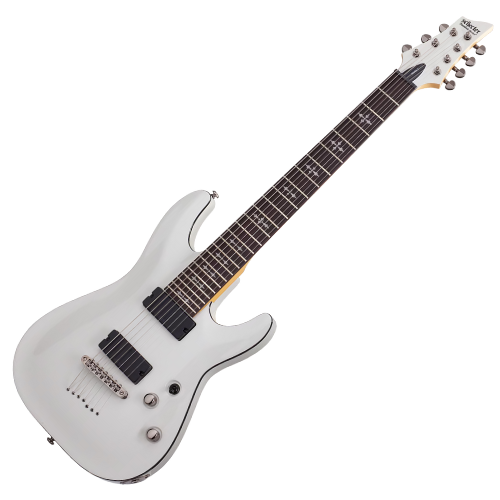 Guitarra Schecter Demon-7 VWHT Vintage White 7 Cordas com Captadores Schecter Diamond Active HB-105S HH e Ponte Schecter Custom Hardtail