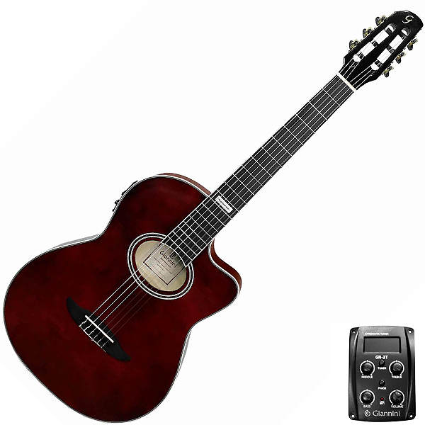 Violão Nylon Eletroacústico Giannini Performance GNF-3 CEQ TDW Translucent Dark Wine com Shape Flat Cutaway, Pré-Amplificador GN-3T e Bag