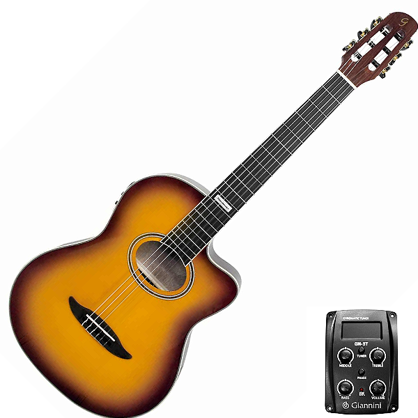Violão Nylon Eletroacústico Giannini Performance GNF-3 CEQ TS Tobacco Sunburst com Shape Flat Cutaway, Pré-Amplificador GN-3T e Bag