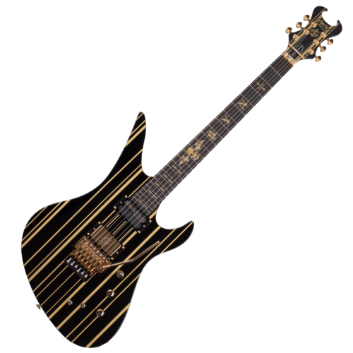 Guitarra Schecter Synyster Custom-S Gloss Black with Gold Pinstripes com Captadores Schecter USA Synyster Gates Signature Humbucker e Sustainiac e Ponte Floyd Rose 1500 Series 1742