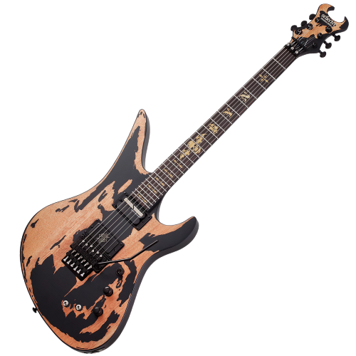 Guitarra Schecter Synyster Custom-S Distressed Satin Black com Captadores Schecter USA Synyster Gates Signature Humbucker e Sustainiac e Ponte Floyd Rose 1500 Series 1749
