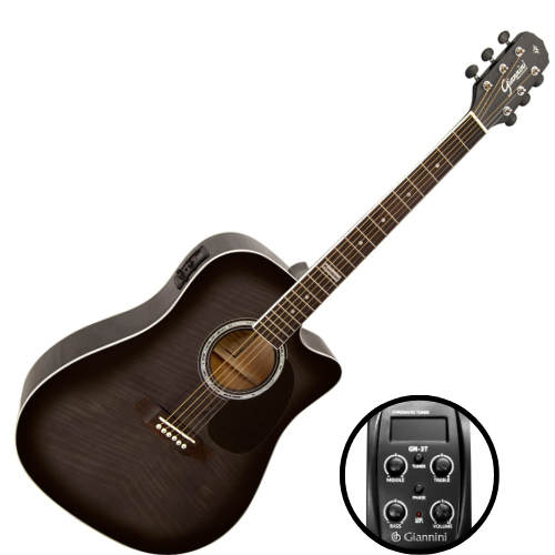 Violão Eletroacústico Aço Giannini Performance GF-1D CEQ TBK Translucent Black com Equalizador GN-3T e Cutaway