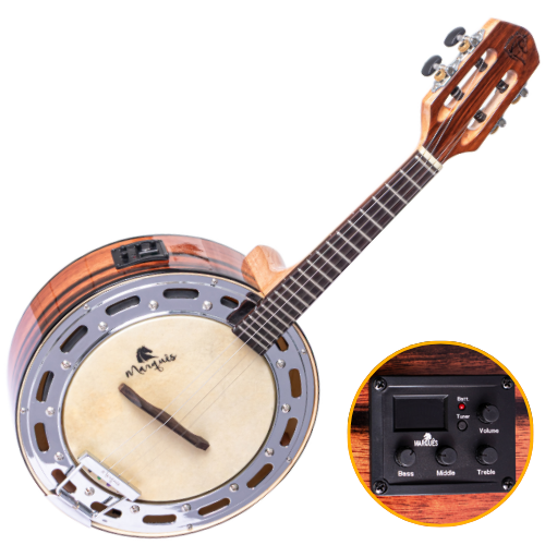 Banjo Eletroacústico Marquês BAJ-177 NTEQ Natural Brilho com Equalizador Ativo 3 Bandas Afinador Aro Cromado e Pele Caprina