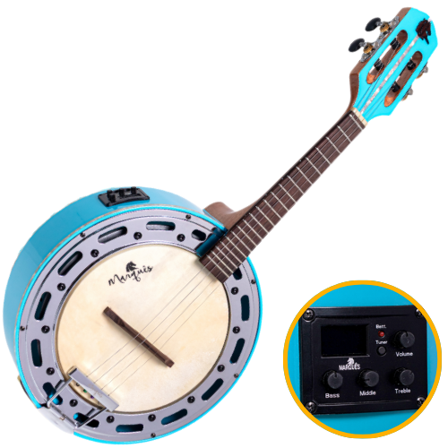 Banjo Eletroacústico Marquês BAJ-143BLEQ Azul Brilho com Aro Cromado Pele Caprina 8" Equalizador Ativo A-20 3 Bandas Afinador e Som Percussivo Penetrante