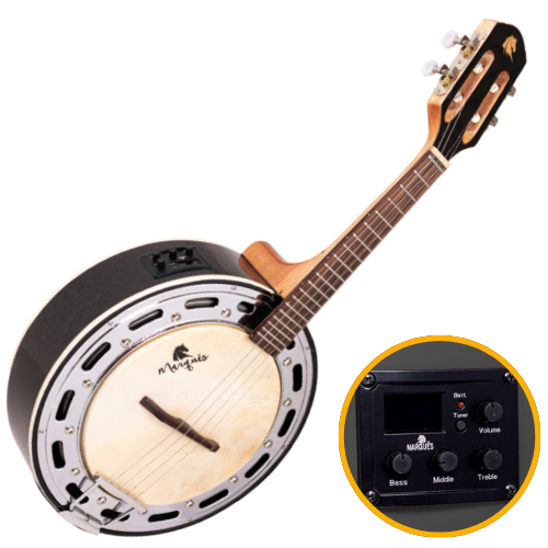Banjo Eletroacústico Marquês BAJ-143BKEQ Preto Brilho com Aro Cromado Pele Caprina 8" Equalizador Ativo A-20 3 Bandas Afinador e Som Percussivo Penetrante