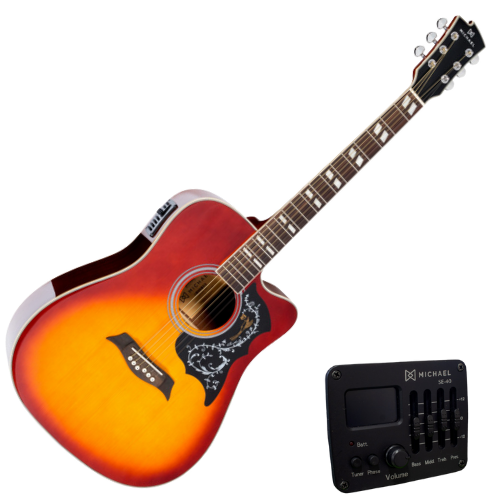 Violão Eletroacústico Michael Galaxy VM925DTC VS Vintage Sunburst Aço Folk Cutaway Captador Piezo EQ 4 Bandas Afinador e Design Flower