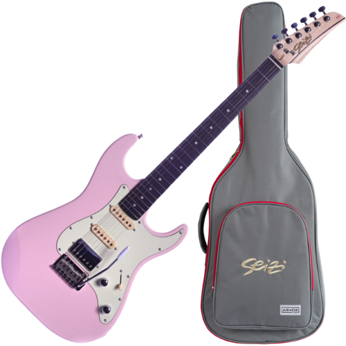 Guitarra Seizi Katana Musashi HSS Sakura Pink com Captadores Seizi Jutsu Alnico V, Ponte Flutuante 2 Pivôs e Acabamento Gloss Rosa Sakura