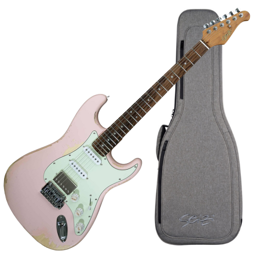 Guitarra Seizi Vintage Budokan HSS Relic Shell Pink com Captadores Seizi Jutsu Alnico V Ponte Flutuante 2 Pivôs Trastes Inox e Bag