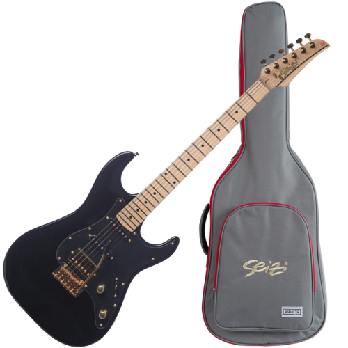 Guitarra Seizi Katana Musashi HSS Black Gold com Captadores Seizi Jutsu Alnico V Ponte Flutuante 2 Pivôs e Acabamento Gloss Black Gold e Bag