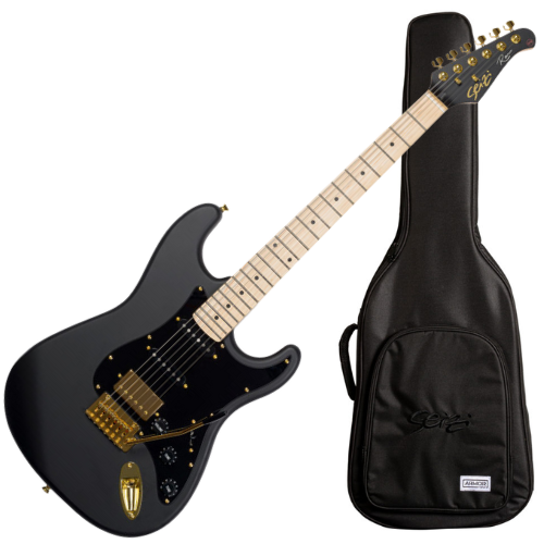 Guitarra Seizi Vintage Budokan HSS Reinaldo Meirelles Satin Black Gold com Captadores Seizi Jutsu Alnico V Ponte Flutuante 2 Pivôs Ferragens Douradas e Bag