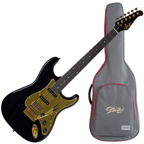 Guitarra Seizi Vintage Budokan HSS Black Gold Mirrorred com Captadores Seizi Jutsu Alnico V Ponte Flutuante 2 Pivôs Escudo Dourado Espelhado Ferragens Douradas e Bag
