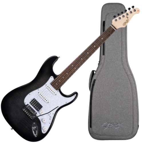 Guitarra Seizi Vintage Budokan Plus Flamed Black com Tampo Flamed Maple Captadores Seizi Jutsu Alnico V HH Ponte Flutuante 2 Pivôs Ferragens Cromadas e Bag Premium