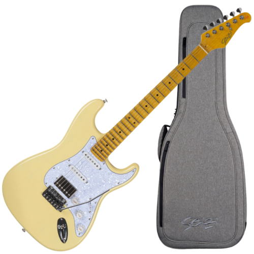 Guitarra Seizi Vintage Budokan HSS Ozielzinho Rising Sun Cream com Captadores Seizi Jutsu Alnico V Ponte Flutuante 2 Pivôs Escala Escalopada Trastes Inox e Bag Deluxe