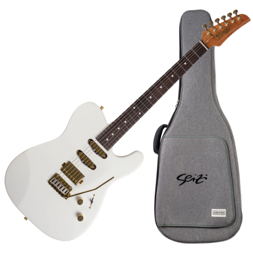 Guitarra Seizi Katana Sakura Pearl White Gold RW com Captadores Seizi Jutsu Alnico V HSS Ponte Flutuante 2 Pivôs e Bag