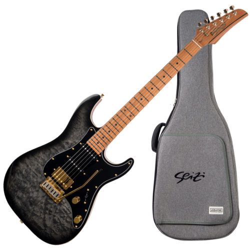 Guitarra Seizi Katana Musashi Plus Quilted Black Gold com Captadores Seizi Jutsu Alnico V HSS Ponte Flutuante 2 Pivôs e Bag