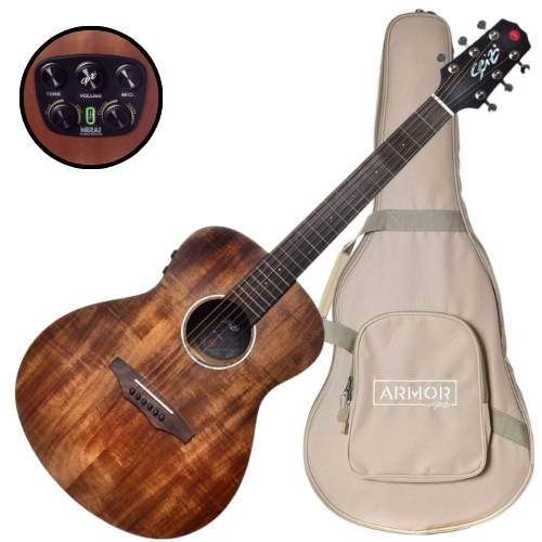 Violão Eletroacústico Seizi Supreme Mini Ryu Mirai Koa com Tampo Koa Sólido Pré Seizi Mirai Efeitos Reverb/Delay/Chorus Desplugado e Bag Armor