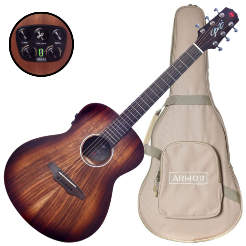 Violão Eletroacústico Seizi Supreme Mini Ryu Mirai Koa Burst com Tampo Koa Sólido Pré Seizi Mirai Efeitos Reverb/Delay/Chorus Desplugado e Bag Armor