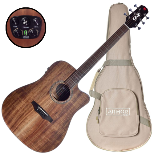 Violão Eletroacústico Seizi Supreme Kaiju Mirai Koa com Tampo Koa Sólido Pré Seizi Mirai Efeitos Reverb/Delay/Chorus Desplugado e Bag Armor