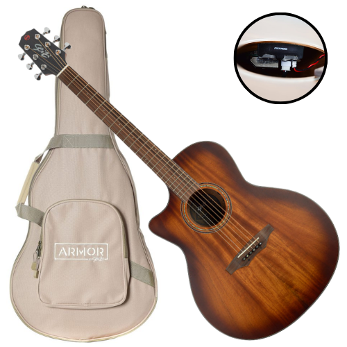 Violão Eletroacústico Seizi Supreme Ryu Cutaway Canhoto Mahogany Burst com Tampo Mahogany Sólido Pré Fishman Sonitone e Bag Armor