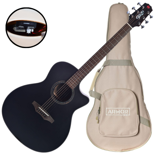 Violão Eletroacústico Seizi Supreme Ryu Cutaway Black Top com Tampo Ovangkol Sólido Pré Fishman Sonitone e Bag Armor