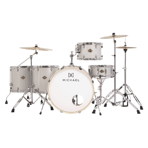 Bateria Acústica Michael Legacy DML424 Sparkle Silver SSR Shell Pack com Casco em Poplar e Acabamento em Celuloide