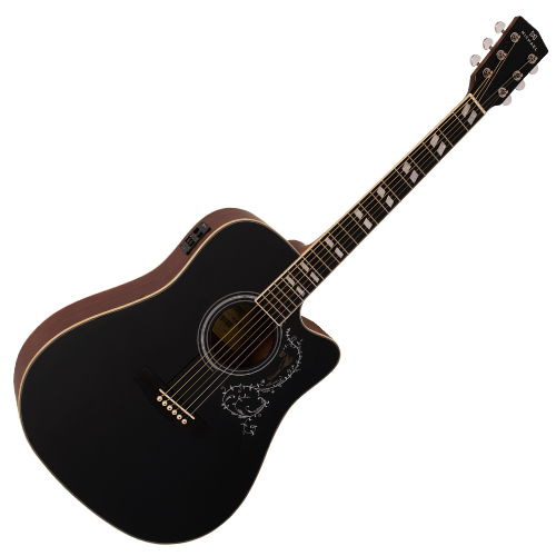 Violão Eletroacústico Michael Folk Freebird VMF440 BT (Black Top) com Tampo Spruce Pré Michael Cleverly Tarraxas Die Cast Encordoamento Aço e Acabamento Brilhante