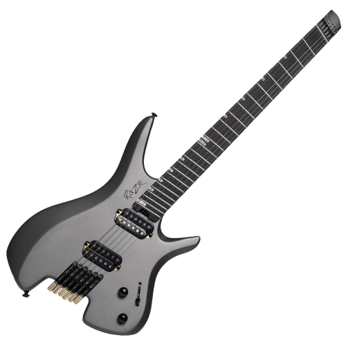 Guitarra Michael Raze GMR500 Headless Titanium Grey Satin com Captadores Humbucker Alnico V Corpo Okoume Braço Roasted Maple e Escala Purple Heart