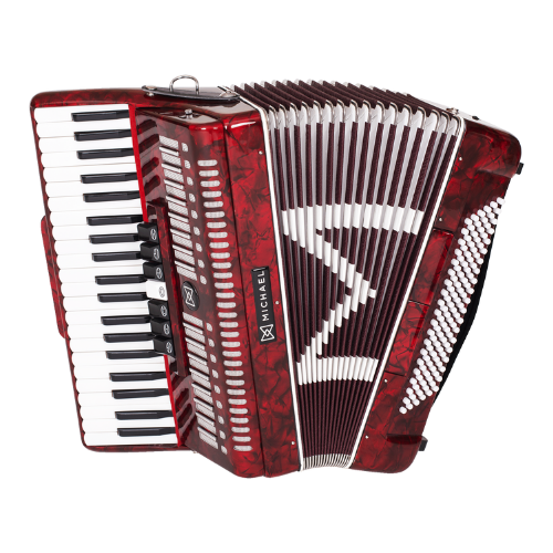 Acordeon Michael ACM12007N Vermelho Perolado 120 Baixos 7 Registros 3ª Voz 41 Teclas Palhetas Aço Inoxidável Fole Linho Couro Bag e Alça