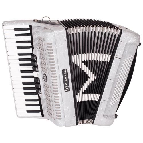 Acordeon Michael ACM8007N Branco Perolado 80 Baixos 7 Registros Terça de Voz 37 Teclas Palhetas Aço Inoxidável Fole Linho Couro Bag com Rodinhas e Alça
